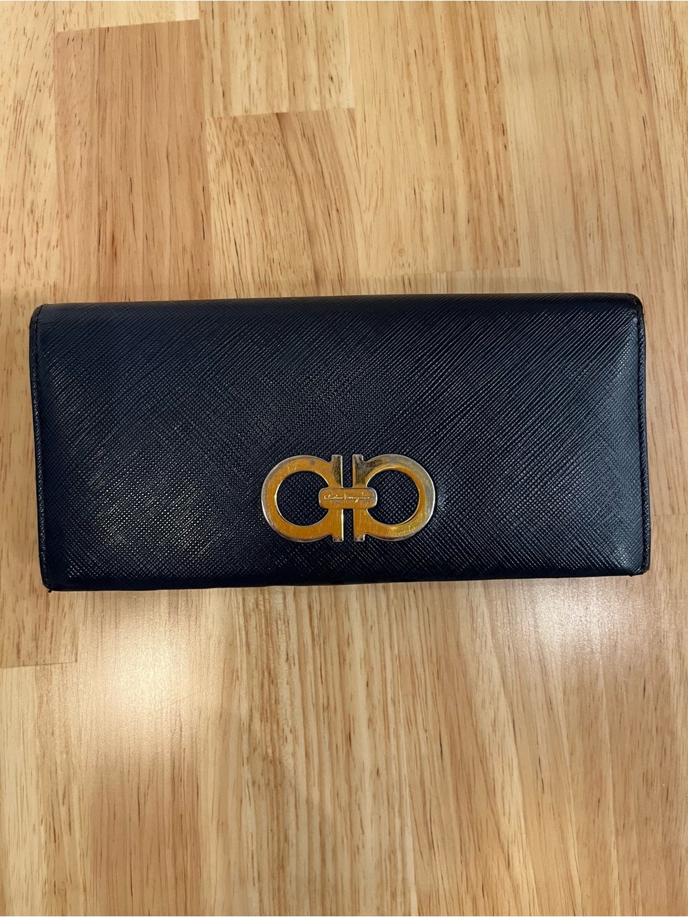 Salvatore Ferragamo Black Leather Continental Wallet with Gold Gancini